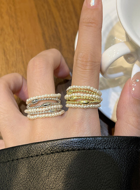 日系CoopKoop高级感法式复古多层珍珠戒指叠戴小众轻奢气质指环