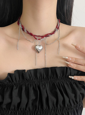 日系CoopKoop小众高级感黑色水晶串珠项链甜酷辣妹爱心吊坠锁骨