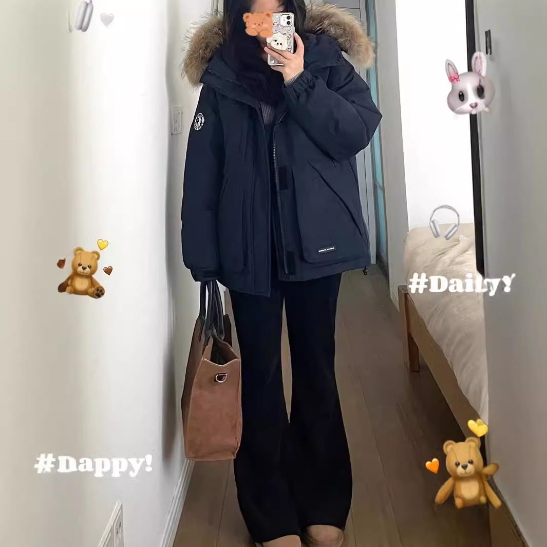 日本cherrykoko羽绒服女中长款工装派克学生冲锋衣大毛领连帽白
