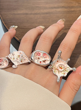 日系CoopKoop小香风樱花粉玫瑰印花珐琅滴油戒指女扇形宽版金属
