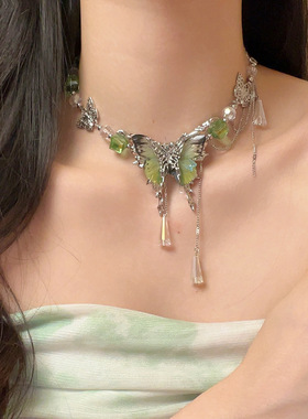 日系CoopKoopy2k 辣妹重工绿色蝴蝶项链仿水晶串珠流苏锁骨链