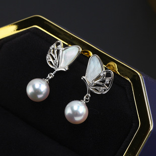 日系coopkoops925银电镀保色镂空蝴蝶贝母珍珠耳钉耳饰空托diy