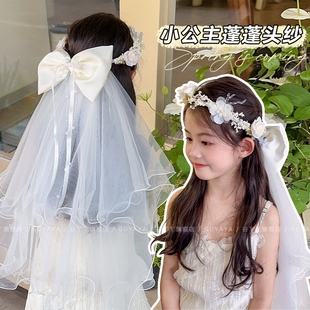 儿童超仙蝴蝶结花环头箍甜美公主披纱头饰森系小女孩花童写真头纱