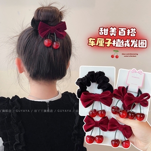 红色复古丝绒蝴蝶结发圈儿童可爱樱桃发饰女童宝宝甜美丸子头发绳