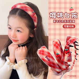 新年红色格纹发箍儿童2025新款拜年喜庆头箍女童韩系压发带齿发饰