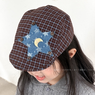 星星贴布前进帽女童秋天格子帽子女孩复古宝宝贝雷报童帽儿童秋季