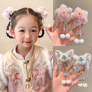 女童新年粉色流苏蝴蝶结发夹儿童拜年可爱不伤发对夹女小女孩发饰