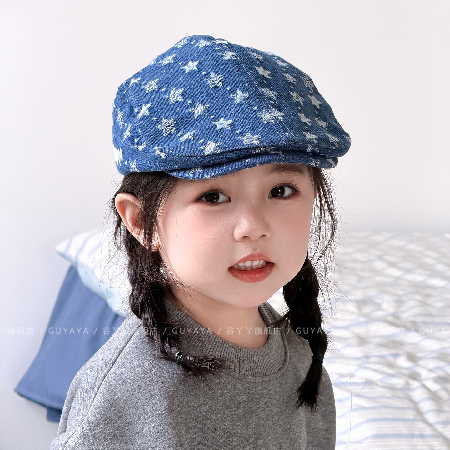 儿童牛仔星星前进帽韩国女童帽子秋季复古宝宝文艺贝雷报童帽女孩