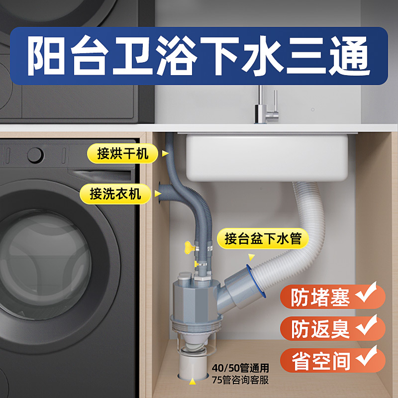 阳台洗衣机烘干机下水三通