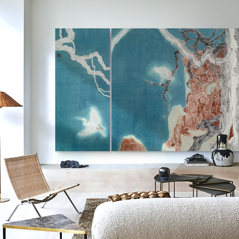 新中式佛像装饰画法式中古风复古敦煌艺术蓝色禅意玄关现代挂画