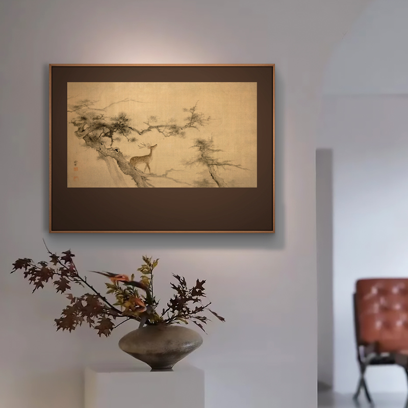 新中式玄关寓意好挂画宋代美学民宿酒店别墅餐厅茶室松树鹿装饰画图片