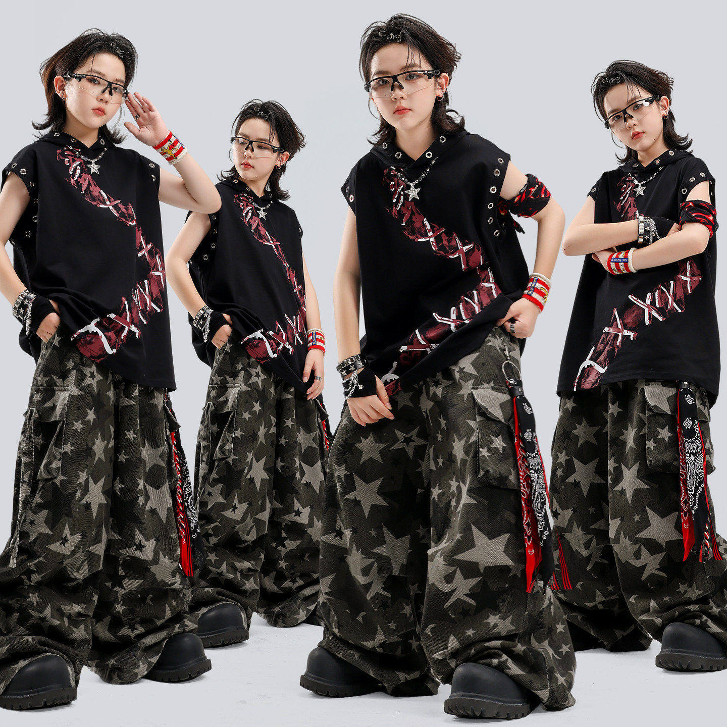 儿童街舞潮服迷彩长裤套装嘻哈