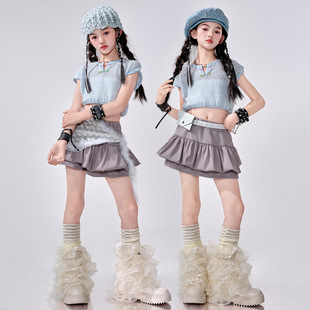 舞蹈表演服 童街舞套装 爵士舞服儿 童jazz女团蓝色露脐潮酷时髦女