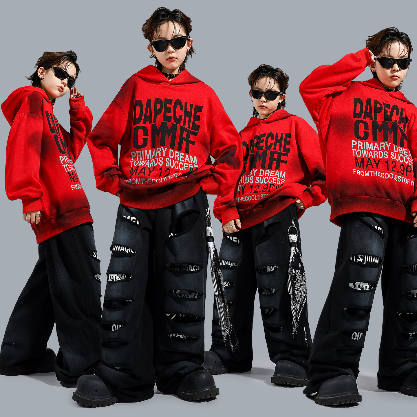 街舞服男女童红色连帽卫衣嘻哈