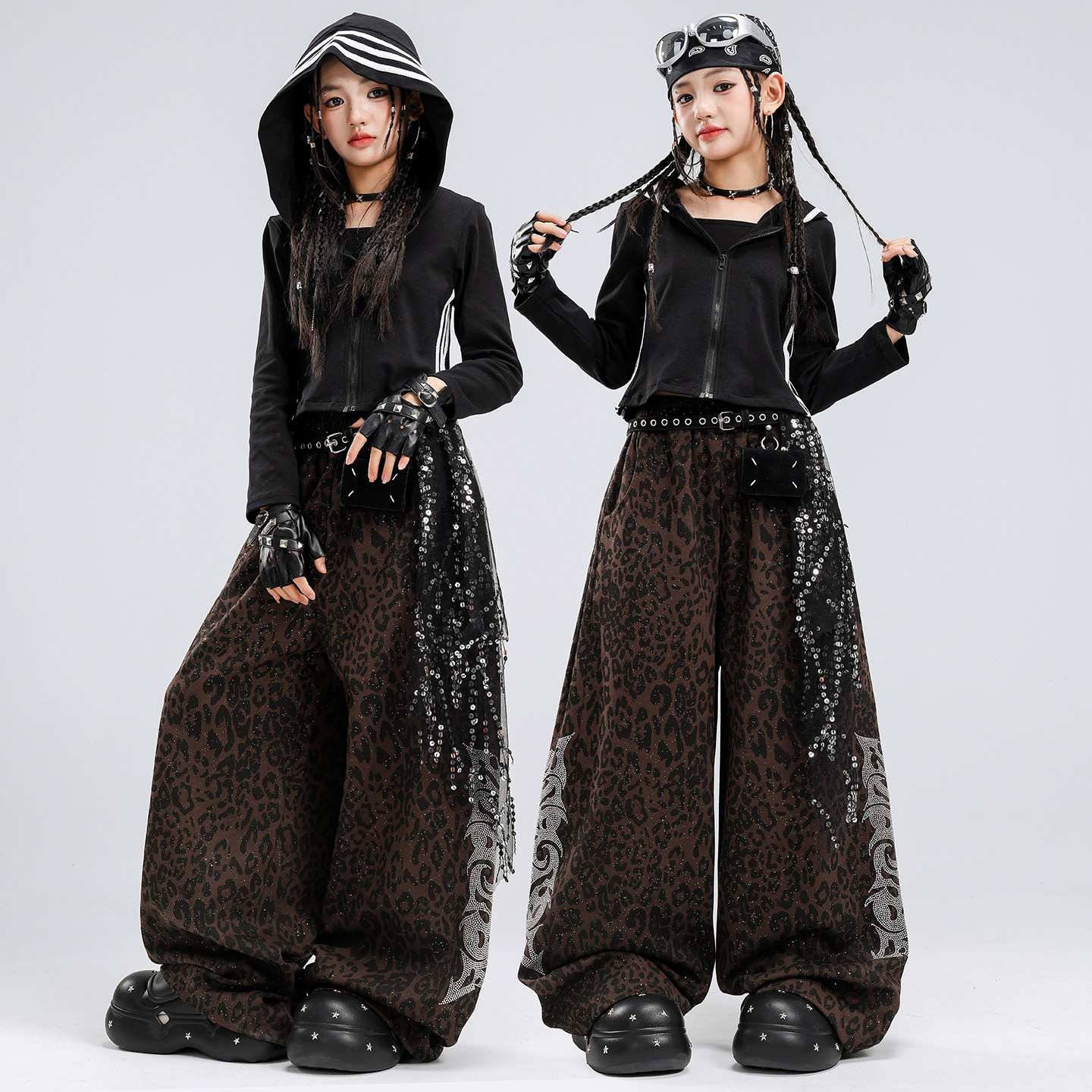 儿童爵士舞服装豹纹闪钻女童