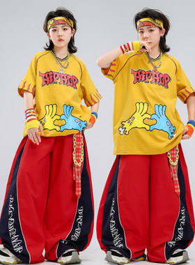 hiphop街舞服装嘻哈儿童潮服黄色OK小手表演服套装男童酷帅演出服