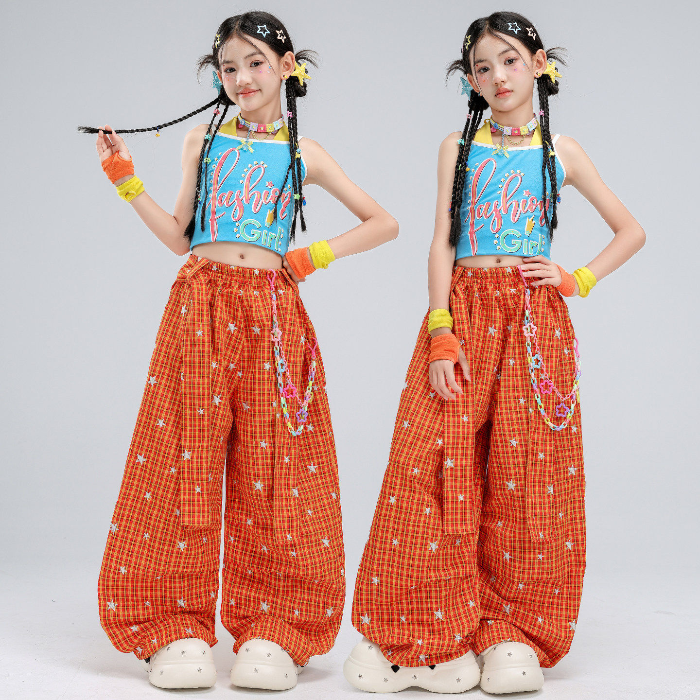 女童爵士舞服装蓝黄吊带小格子