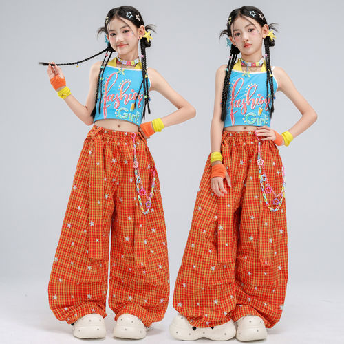 女童爵士舞服装蓝黄吊带小格子