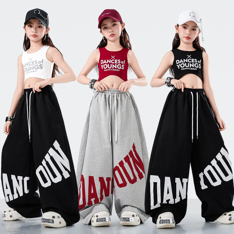 儿童新款韩版爵士舞蹈演出服装女童街舞红色运动背心现代JAZZ表演