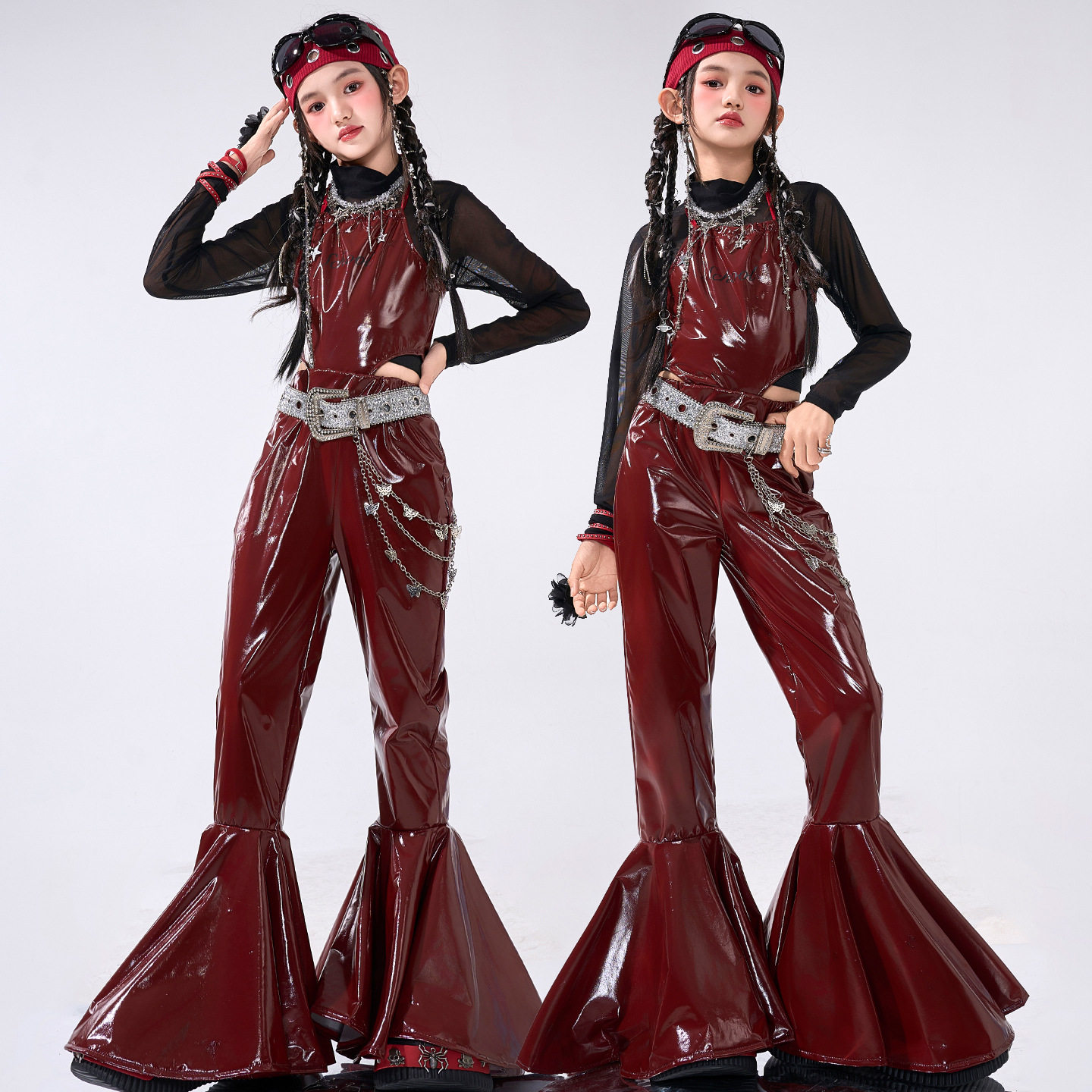 女童jazz爵士舞服辣妹时髦吊带喇叭皮裤走秀服女团打歌舞表演出服