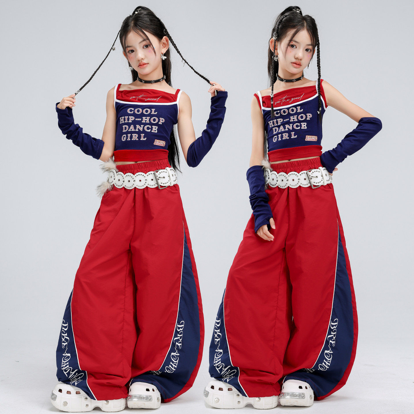 女童爵士舞服装露脐假两件吊带