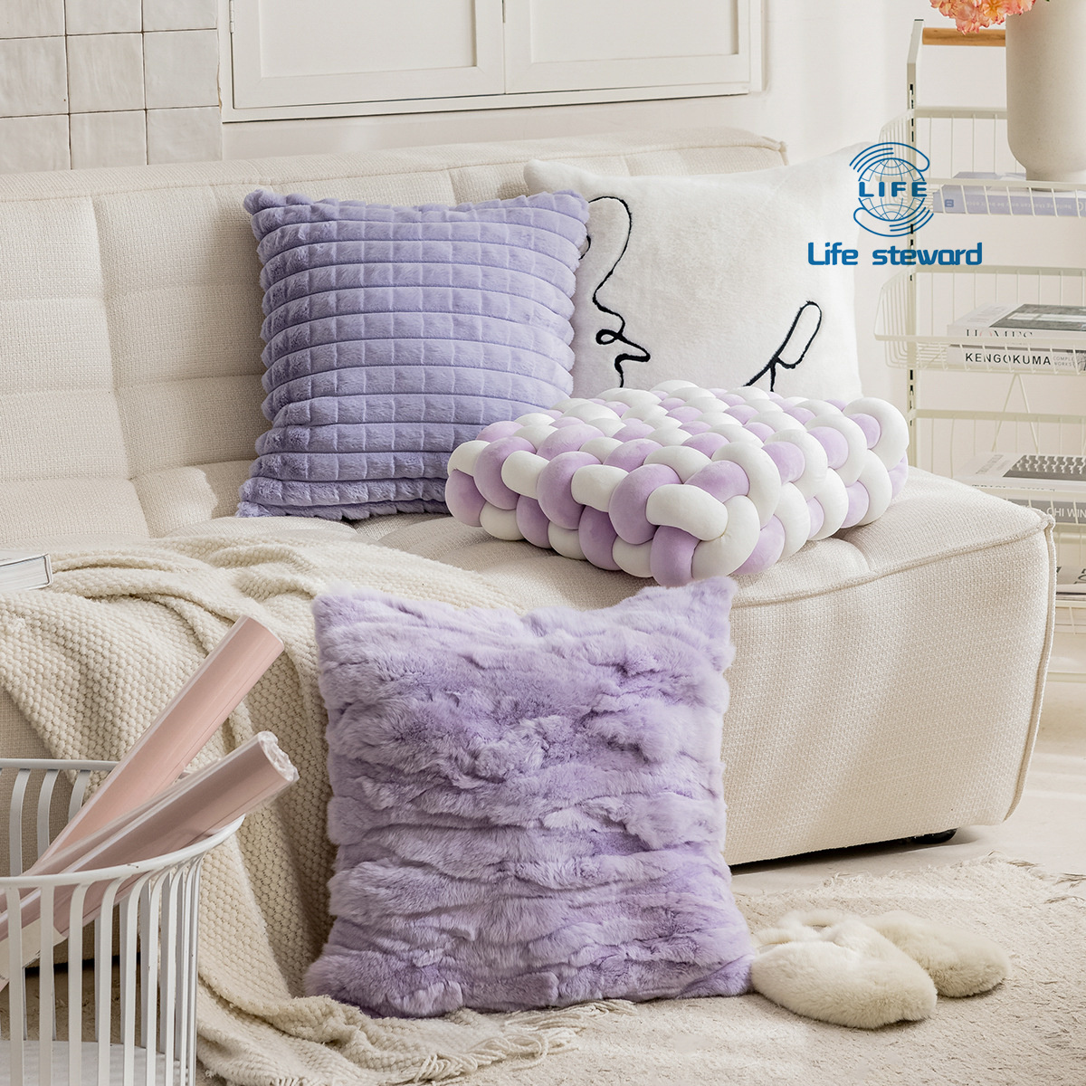毛绒紫色抱枕套柔软靠枕床头靠垫腰靠 cushion cover pillowcase