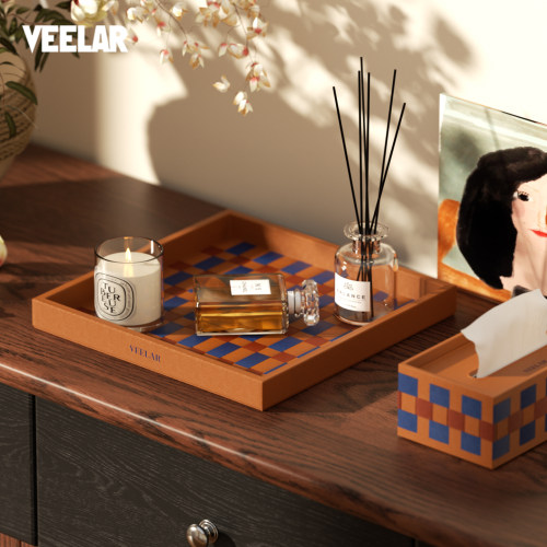 VEELAR棋盘格皮革收纳盘桌面整理置物盘香薰蜡烛收纳托盘装饰现代