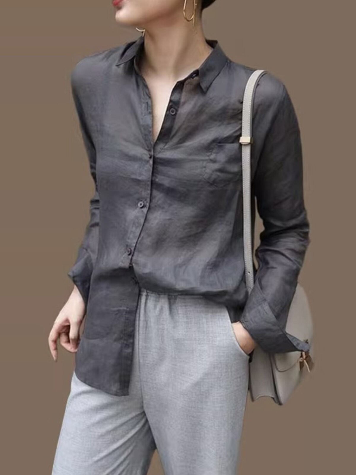 灰色棉麻衬衫女春秋夏薄款苎麻宽松高端洋气休闲长袖衬衣防晒上衣