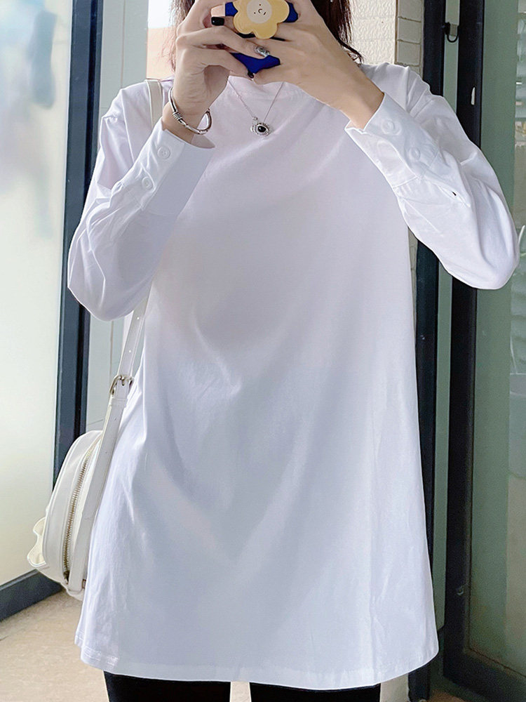 纯白色t恤女长袖春秋2024新款纯棉百搭宽松内搭打底衫中长款上衣