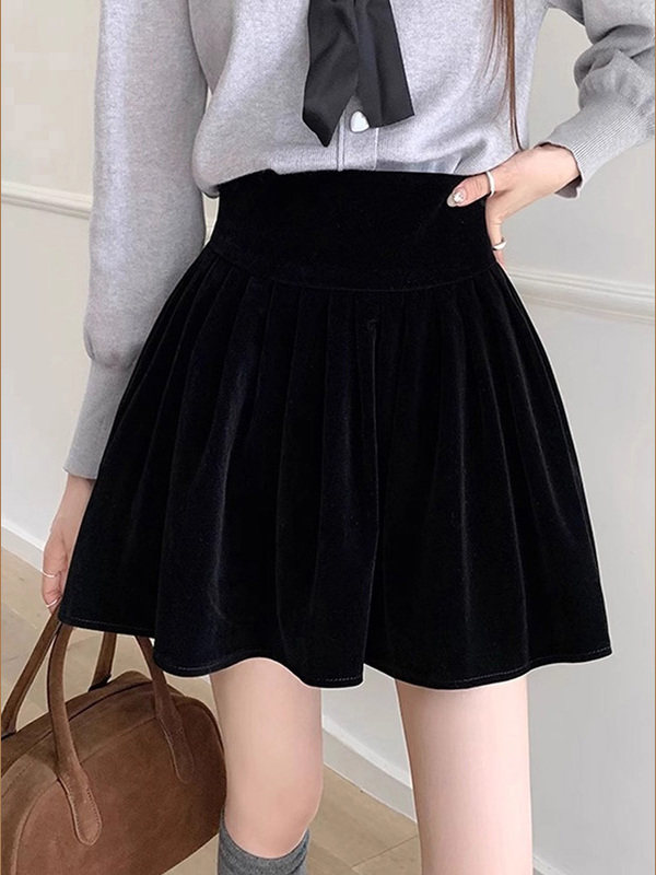 黑色金丝绒半身裙女秋冬新款高腰遮胯百褶蓬蓬裙小个子a字短裙子