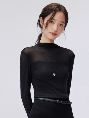 黑色半高领蕾丝网纱打底衫女春秋季新款内搭修身微透长袖t恤上衣