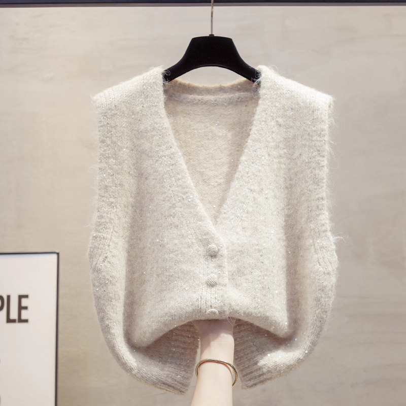 亮片v领针织背心马甲开衫女春秋季新款宽松外穿软糯毛衣坎肩马夹