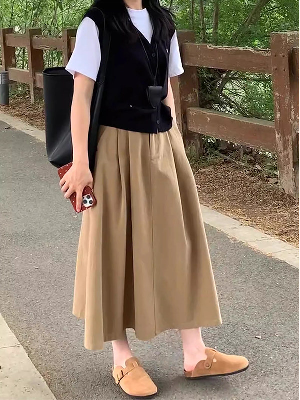 卡其色休闲半身裙女春秋新款大码胖mm高腰遮胯显瘦中长款a字伞裙