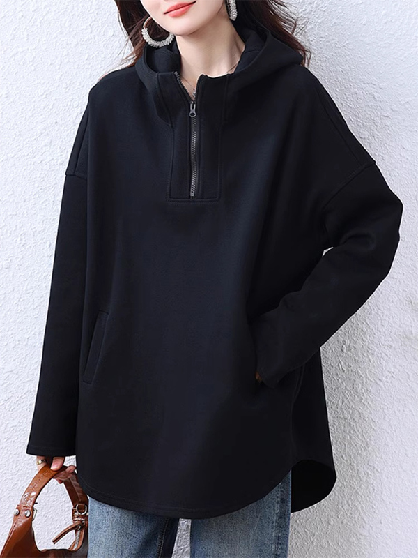 黑色半拉炼连帽卫衣外套女春秋季2025新款宽松中长款遮肚显瘦上衣