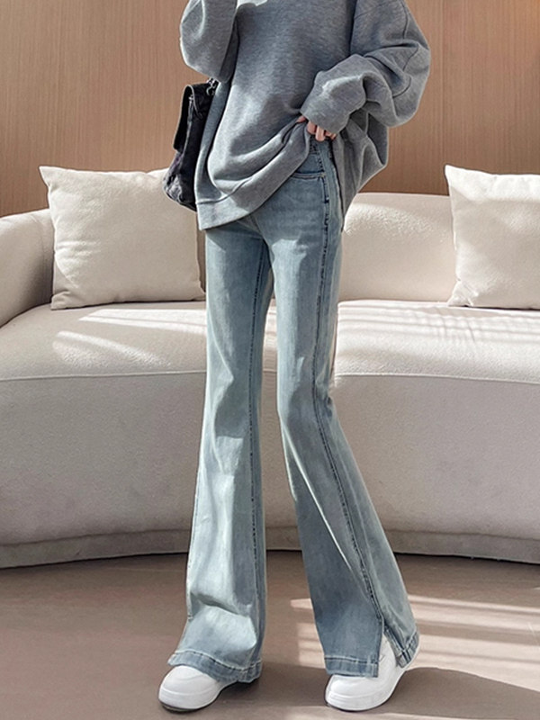 浅蓝色开叉微喇牛仔裤女春秋季2025新款弹力高腰显瘦直筒喇叭裤子