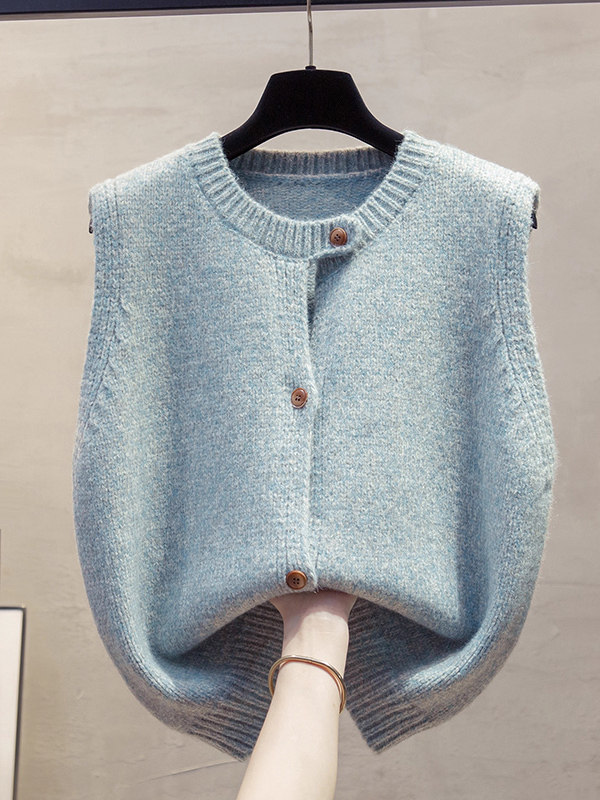 高级感圆领针织马甲背心女秋冬新款宽松叠穿坎肩毛衣马夹开衫上衣