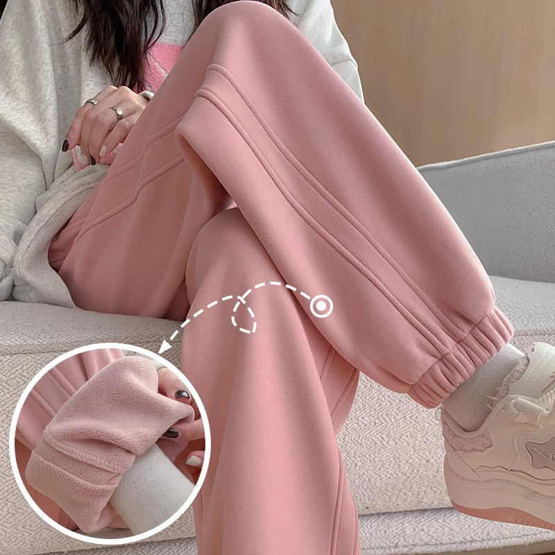 加绒束脚卫裤女秋冬季2024新款宽松显瘦加厚防风裤粉色休闲运动裤