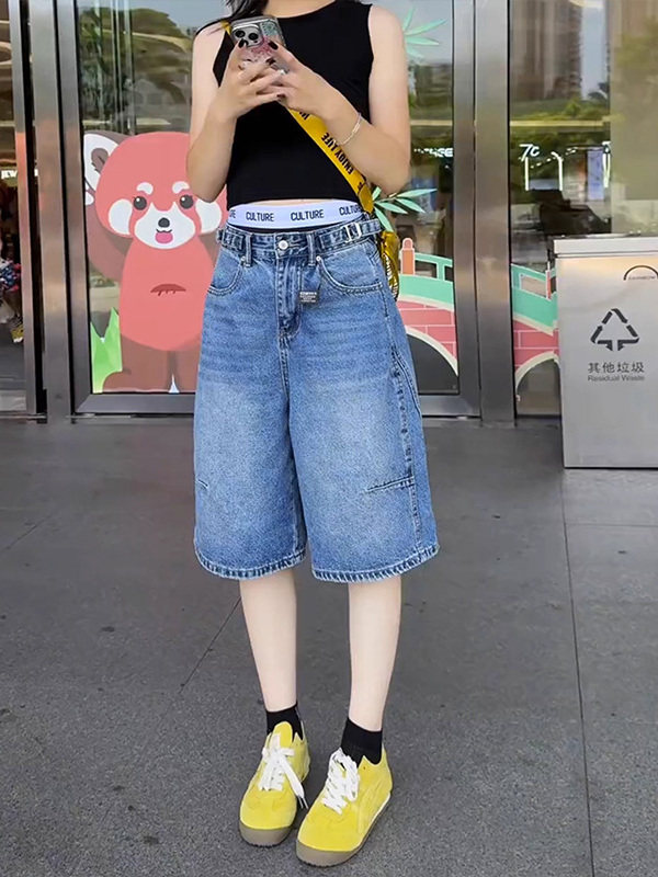 蓝色牛仔短裤女夏季新款高腰宽松大码胖mm遮胯显瘦中裤阔腿五分裤