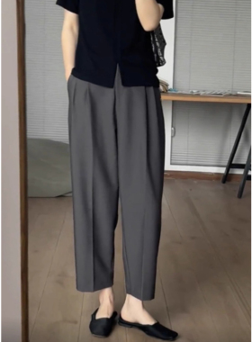灰色阔腿西装裤女夏季薄款高腰显瘦大码窄版小个子休闲哈伦九分裤