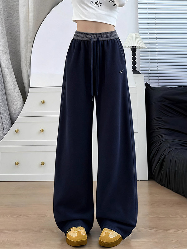 藏青色刺绣阔腿运动裤女秋冬季高腰垂感加绒直筒裤休闲弯刀阔腿裤