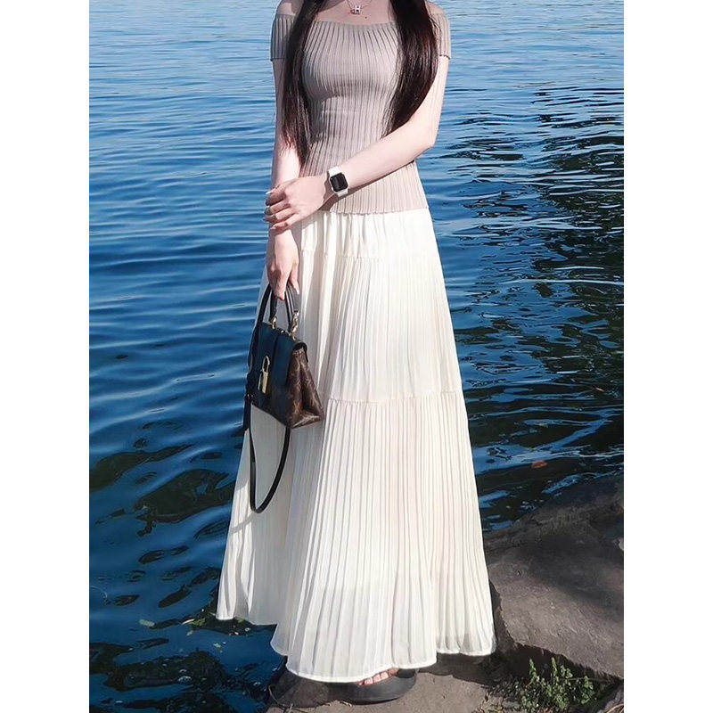 雪纺压褶白色半身裙女2026春夏季高腰显瘦长款蛋糕裙大摆a字伞裙