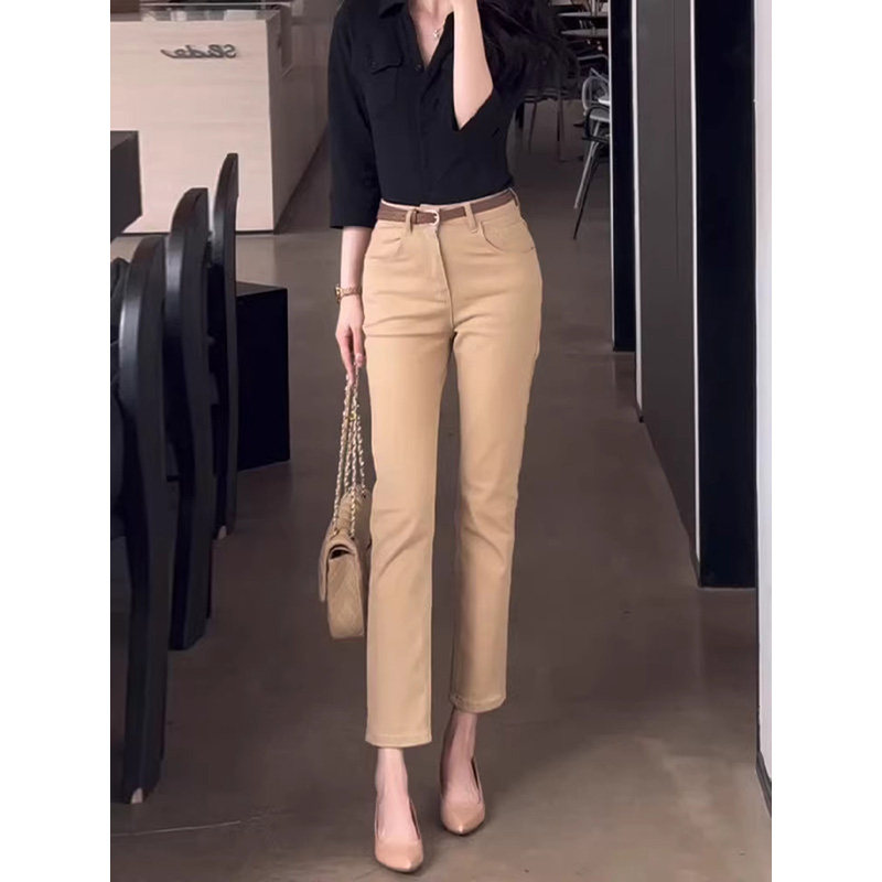 卡其色直筒牛仔裤女春夏新款高腰修身八九分休闲裤子小个子烟管裤