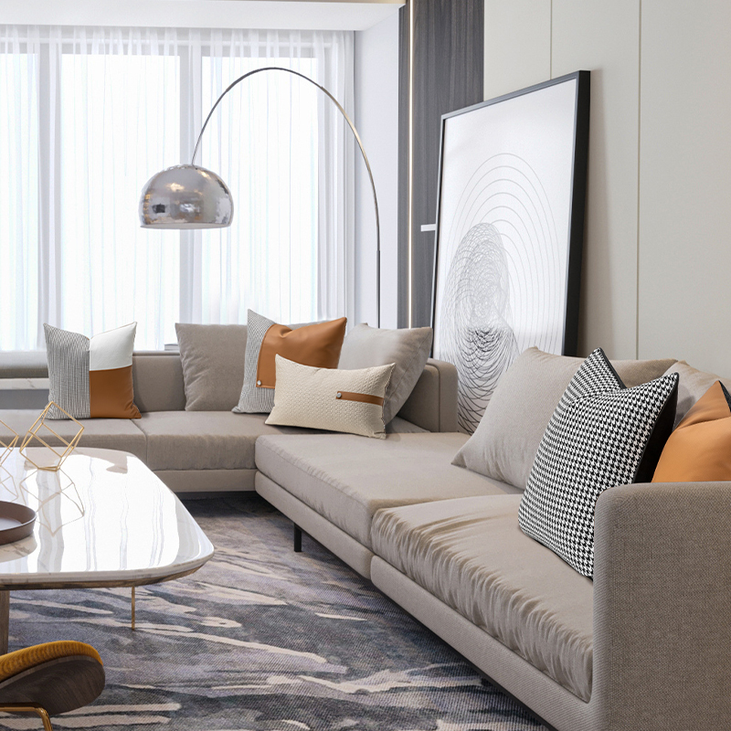 新品轻奢简约沙发靠垫套酒店靠枕别墅样板间靠包千鸟格拼橙色抱枕