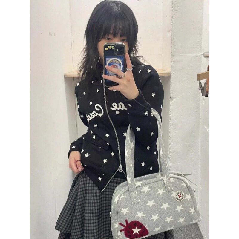 aeae草莓拼接星星印花单肩包女大容量帆布包学生甜美通勤约会小个