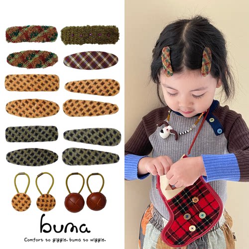 buma儿童发夹秋冬复古原创手工发夹格纹女童高级精美发饰女孩头饰