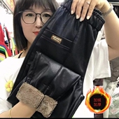 男士 直筒皮裤 皮裤 羊羔绒加绒加厚高腰防水松紧弹力腰防寒保暖大码