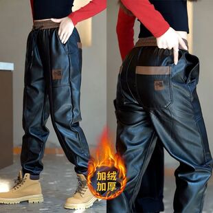 新款 冬季 加绒加厚休闲裤 防寒防风保暖户外爆款 男士 束脚裤 机车皮裤