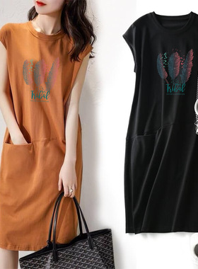 30520夏季流行款宽松显瘦印花T恤连衣裙女装韩版中长款仙女裙短袖