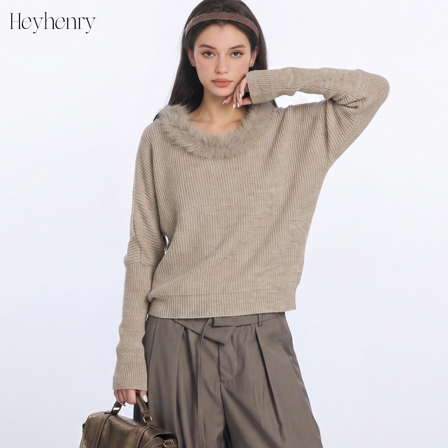 HeyHenry美式圆领毛衣女秋冬新款仿貂毛领针织衫宽松套头长袖上衣