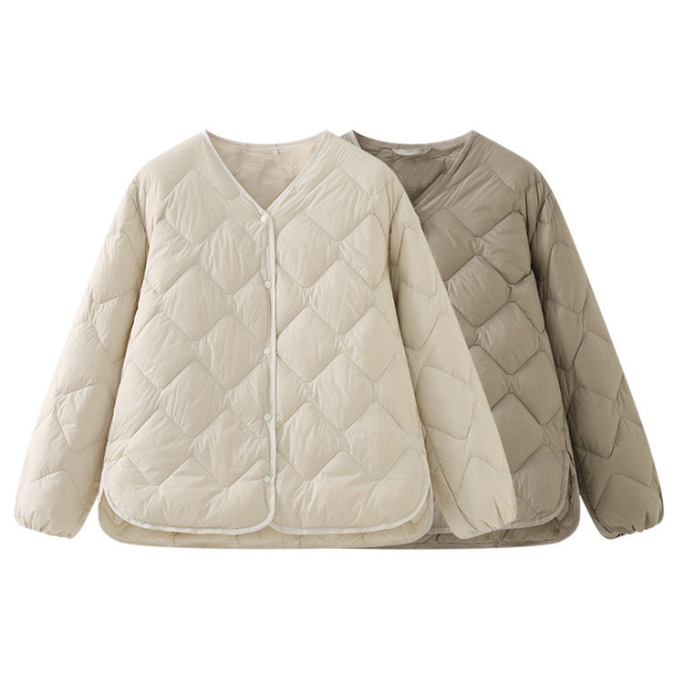轻薄菱形格羽绒服女款2024冬季时尚洋气V字领短款白鸭绒保暖外套